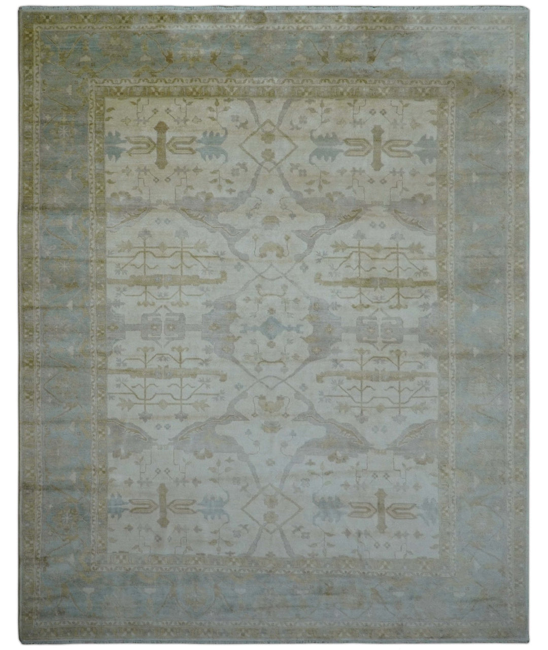 Hand Knotted Beige And Blue Traditional Oushak Design 12x15 Wool Rug - The Rug Decor