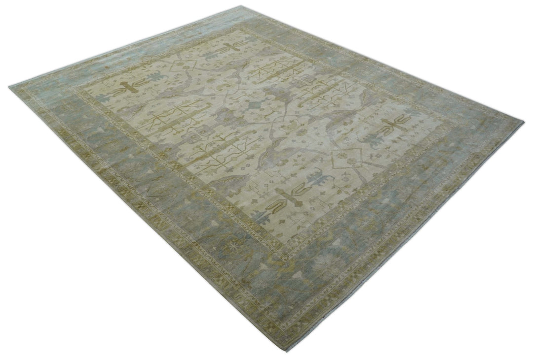 Hand Knotted Beige And Blue Traditional Oushak Design 12x15 Wool Rug - The Rug Decor
