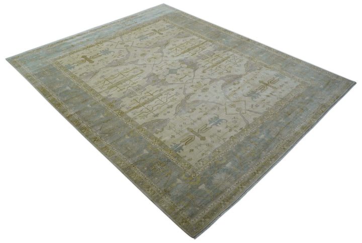 Hand Knotted Beige And Blue Traditional Oushak Design 12x15 Wool Rug - The Rug Decor