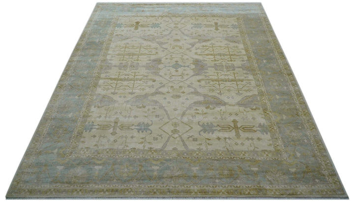 Hand Knotted Beige And Blue Traditional Oushak Design 12x15 Wool Rug - The Rug Decor