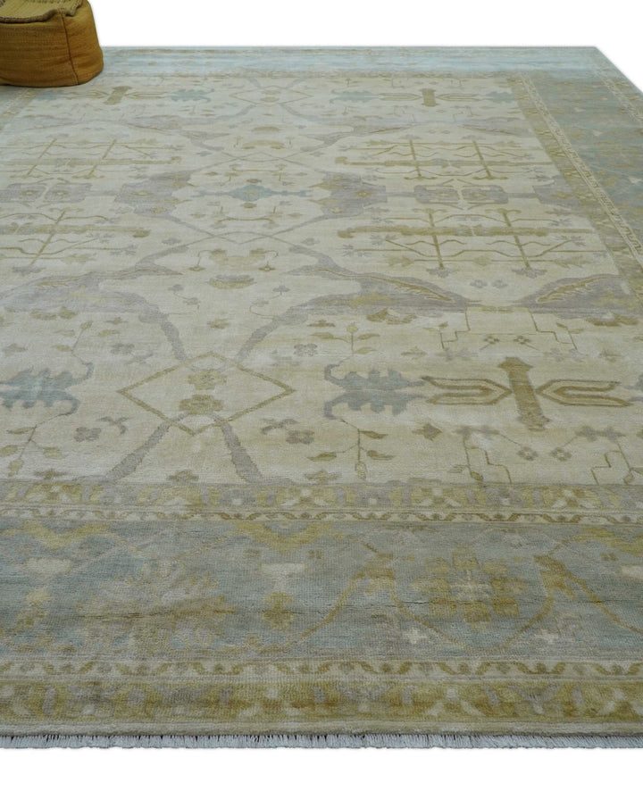 Hand Knotted Beige And Blue Traditional Oushak Design 12x15 Wool Rug - The Rug Decor