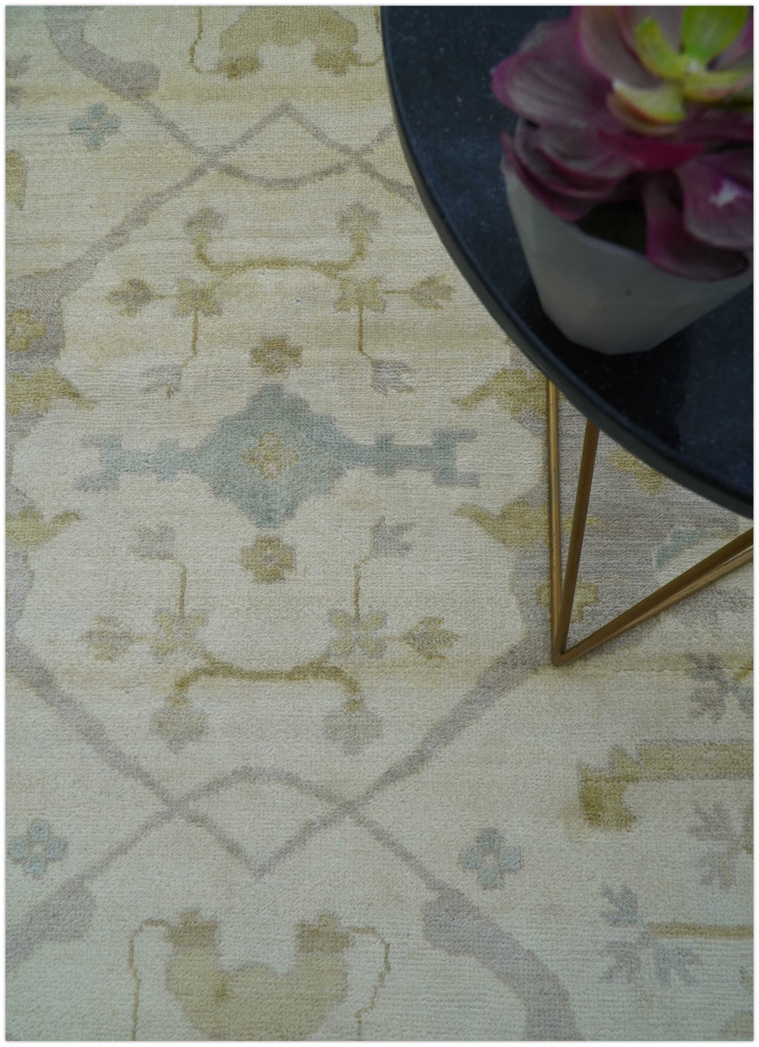 Hand Knotted Beige And Blue Traditional Oushak Design 12x15 Wool Rug - The Rug Decor