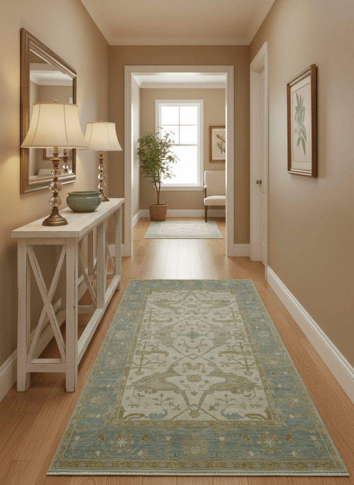 Hand Knotted Beige And Blue Traditional Oushak Design 6x9 Wool Rug - The Rug Decor