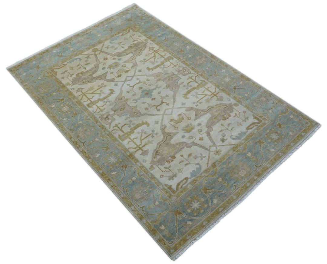 Hand Knotted Beige And Blue Traditional Oushak Design 6x9 Wool Rug - The Rug Decor