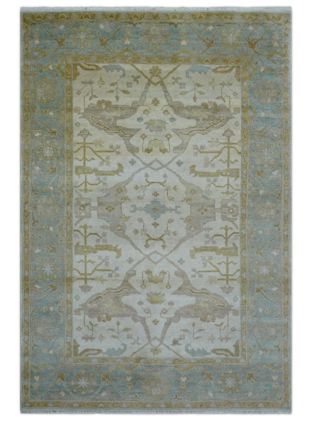 Hand Knotted Beige And Blue Traditional Oushak Design 6x9 Wool Rug - The Rug Decor