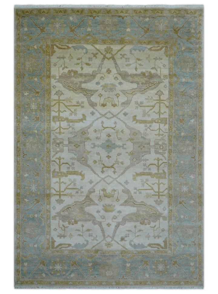 Hand Knotted Beige And Blue Traditional Oushak Design 6x9 Wool Rug - The Rug Decor