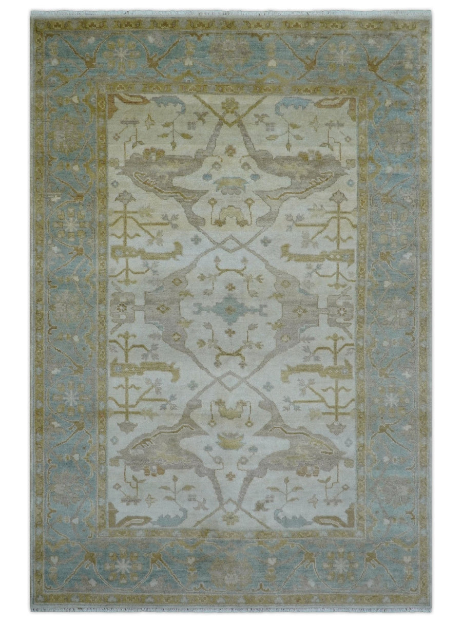 Hand Knotted Beige And Blue Traditional Oushak Design 6x9 Wool Rug - The Rug Decor