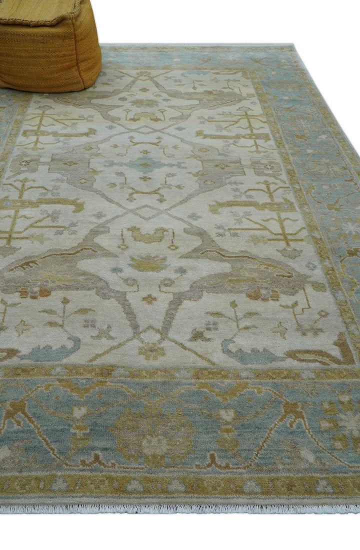 Hand Knotted Beige And Blue Traditional Oushak Design 6x9 Wool Rug - The Rug Decor