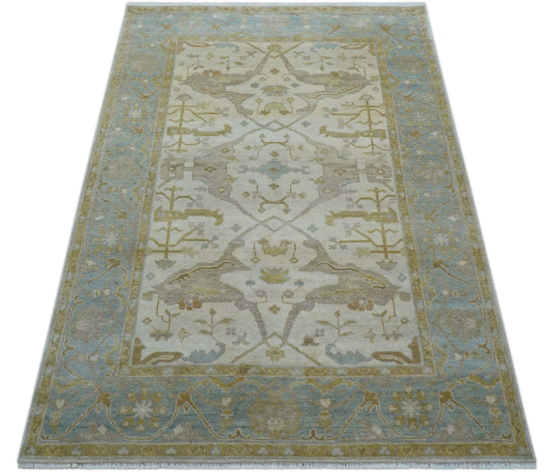 Hand Knotted Beige And Blue Traditional Oushak Design 6x9 Wool Rug - The Rug Decor