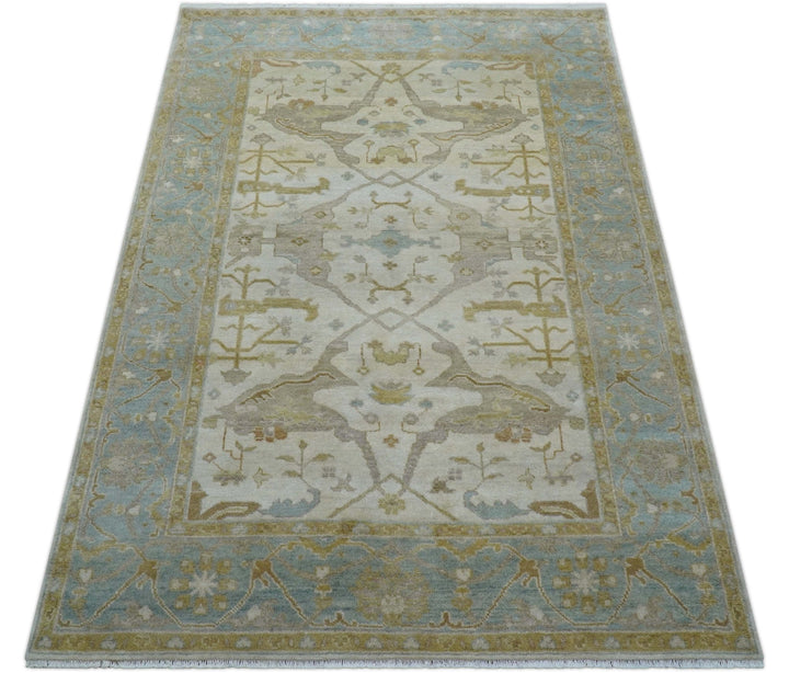 Hand Knotted Beige And Blue Traditional Oushak Design 6x9 Wool Rug - The Rug Decor