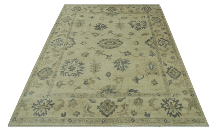 Hand Knotted Beige And Blue Traditional Oushak Design 9x11 Wool Area Rug - The Rug Decor