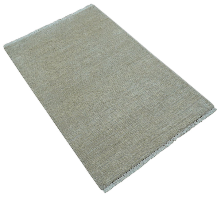 Hand Knotted Beige Modern Solid Design Wool And Silk Rug - The Rug Decor