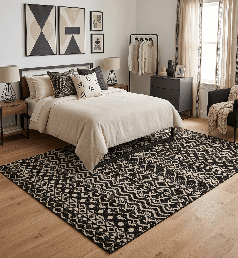 Hand Knotted Black and Ivory Modern Contemporary Southwestern Tribal Trellis Recycled Silk Area Rug - The Rug Decor