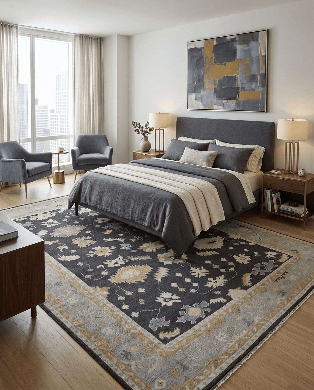 Hand Knotted Black, Beige and Silver Traditional Oushak Wool Rug - The Rug Decor