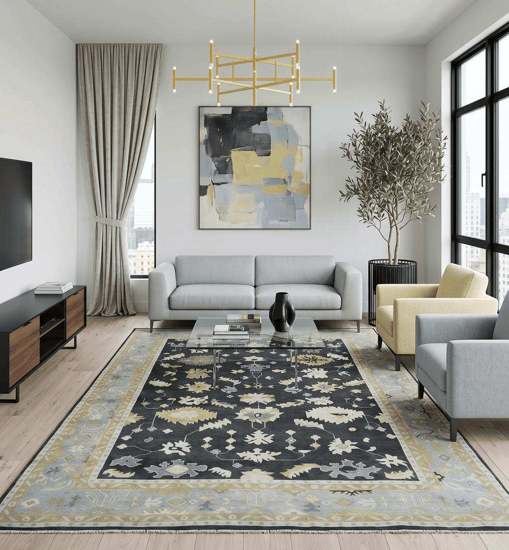 Hand Knotted Black, Beige and Silver Traditional Oushak Wool Rug - The Rug Decor