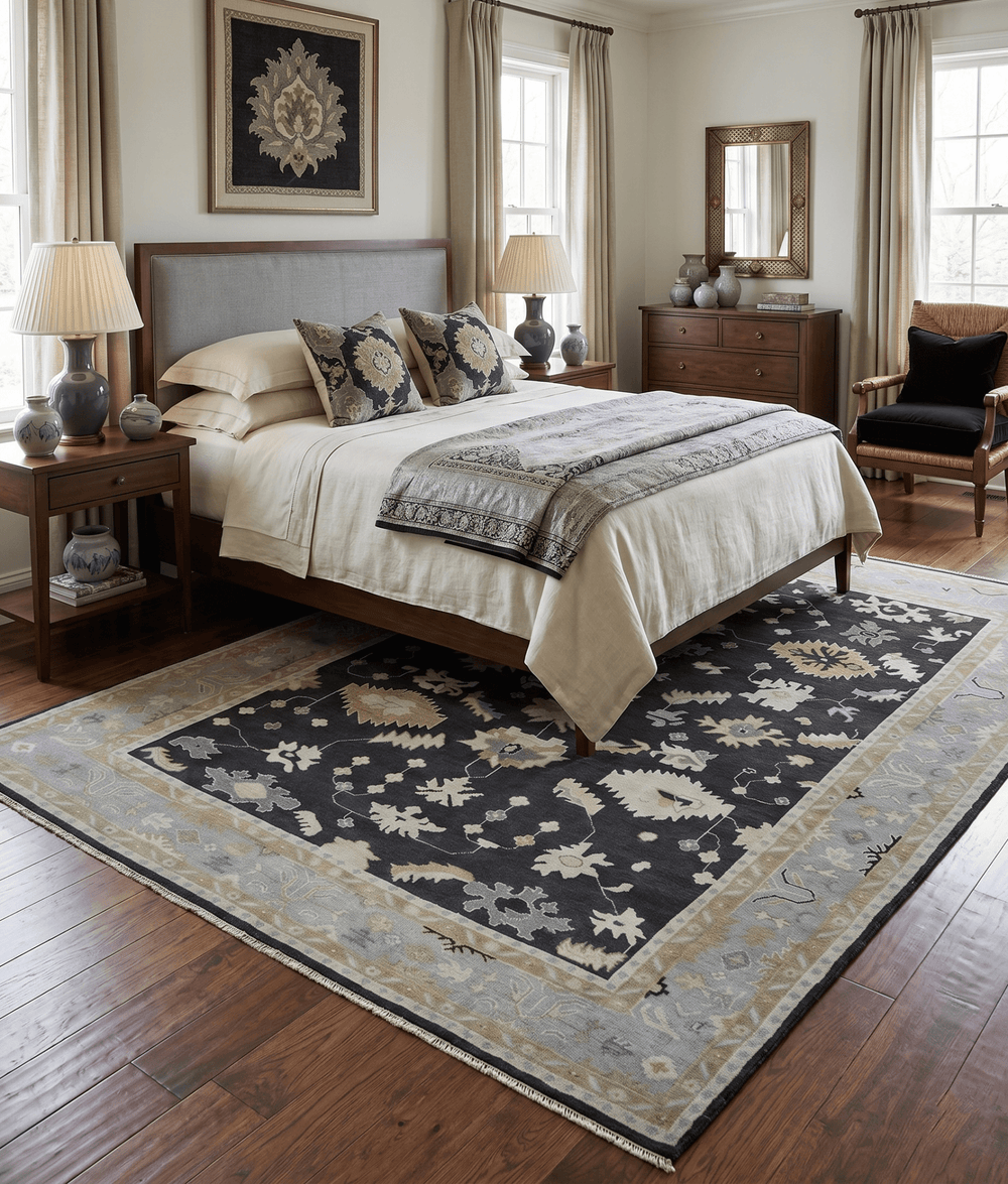 Hand Knotted Black, Beige and Silver Traditional Oushak Wool Rug - The Rug Decor