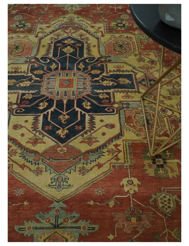 Hand Knotted Black, Rust and Beige 9x12 Traditional Heriz Serapi Wool Area Rug - The Rug Decor