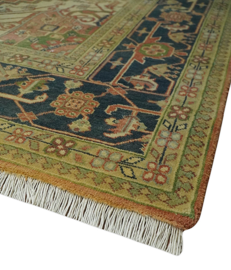 Hand Knotted Black, Rust and Beige 9x12 Traditional Heriz Serapi Wool Area Rug - The Rug Decor