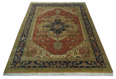 Hand Knotted Black, Rust and Beige 9x12 Traditional Heriz Serapi Wool Area Rug - The Rug Decor