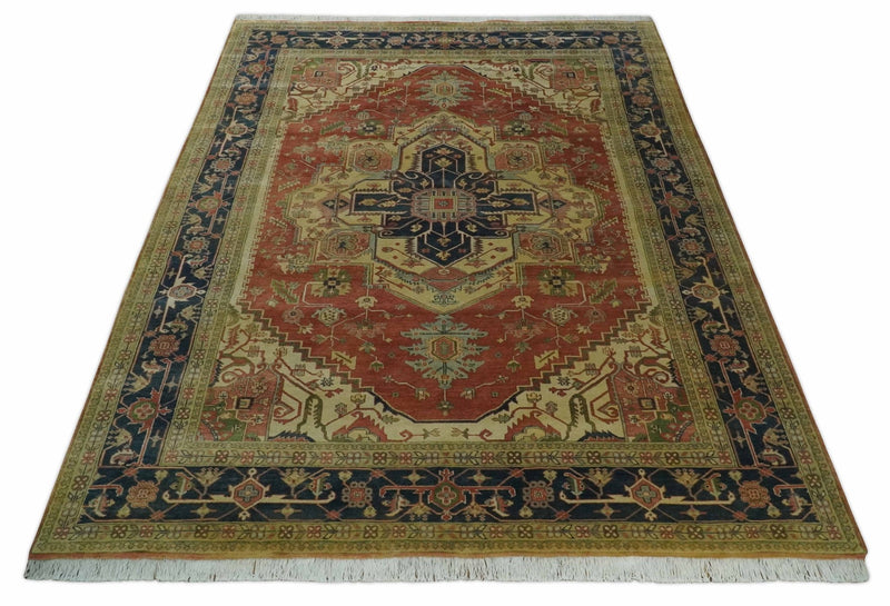 Hand Knotted Black, Rust and Beige 9x12 Traditional Heriz Serapi Wool Area Rug - The Rug Decor