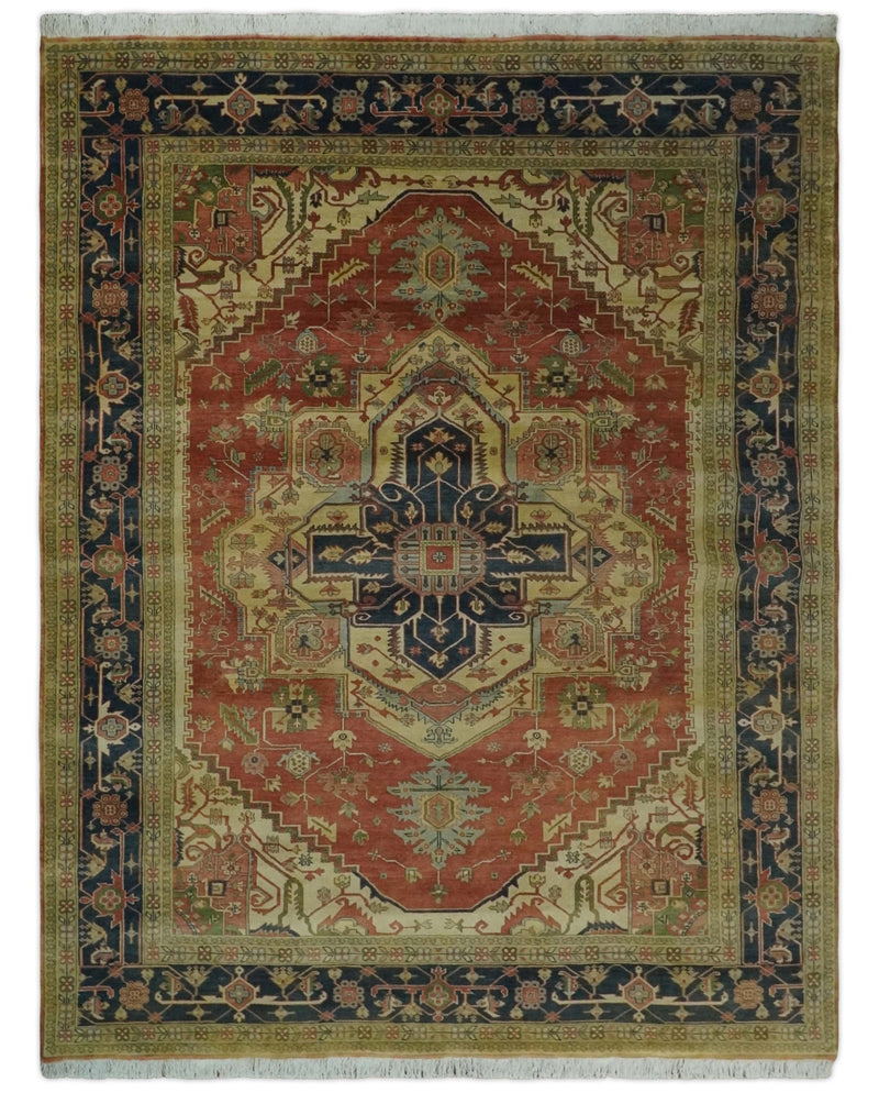 Hand Knotted Black, Rust and Beige 9x12 Traditional Heriz Serapi Wool Area Rug - The Rug Decor