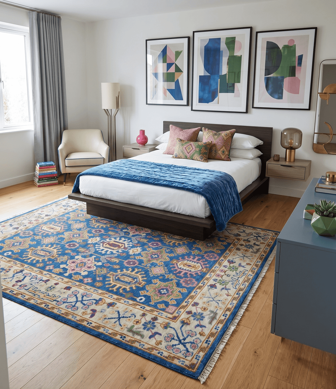 Hand Knotted Blue and Beige Persian Design Wool Rug - The Rug Decor