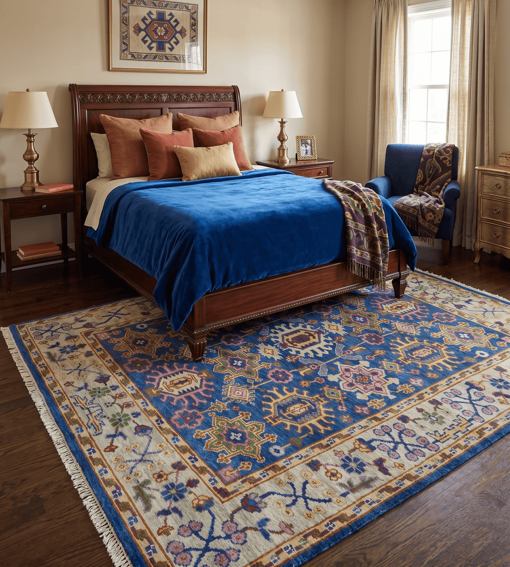 Hand Knotted Blue and Beige Persian Design Wool Rug - The Rug Decor