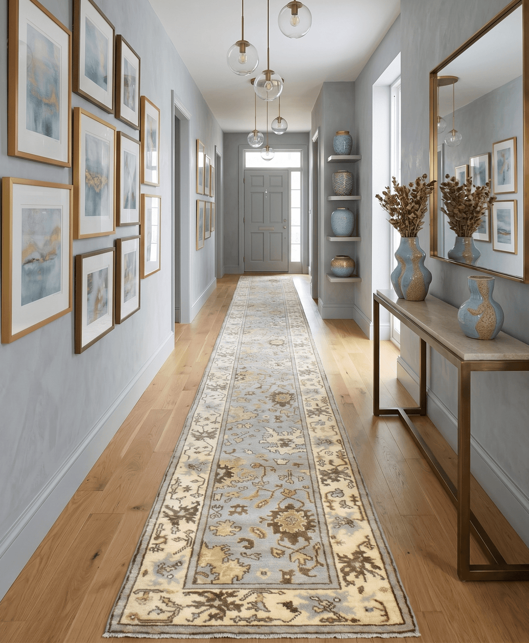 Hand Knotted Blue and Beige Traditional Oushak Wool Runner Rug - The Rug Decor