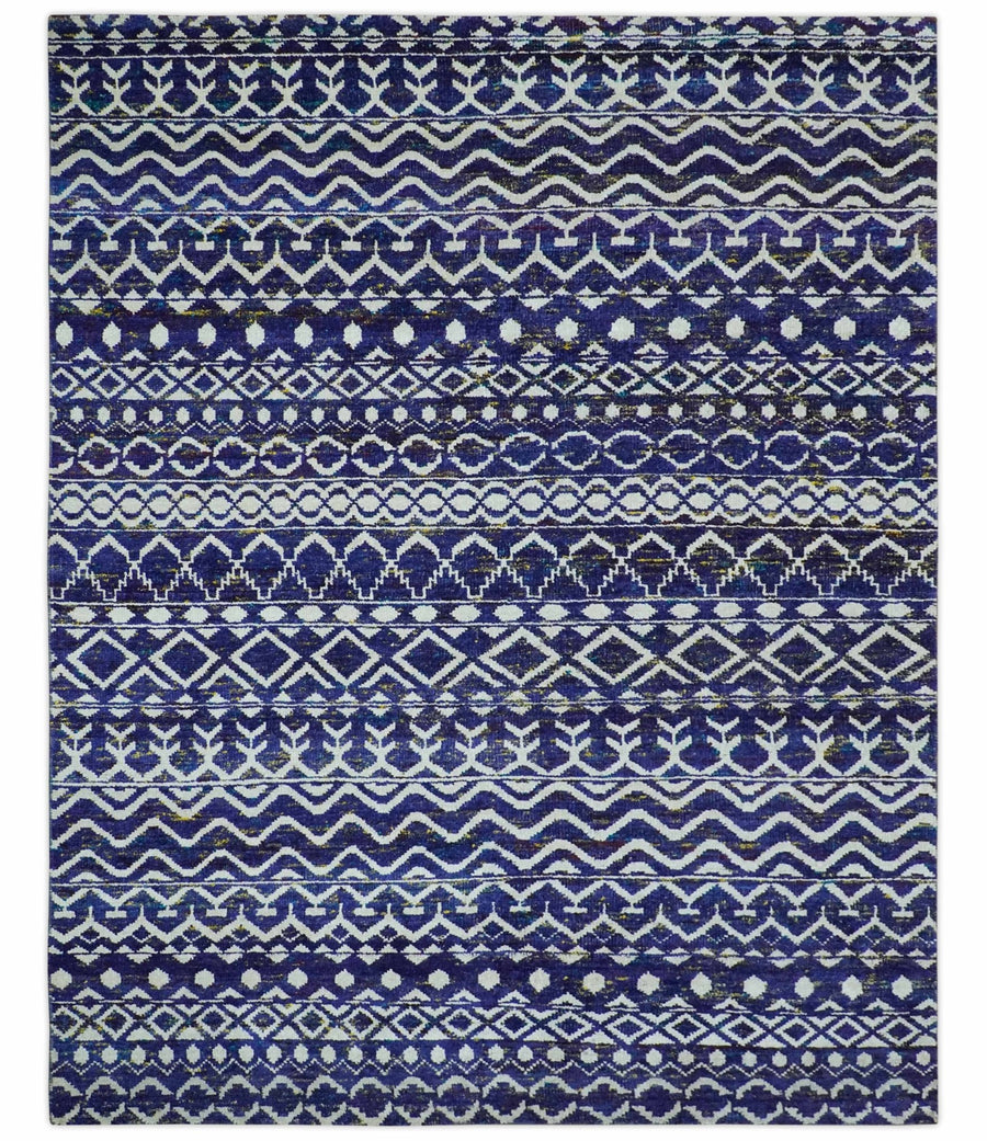 Hand Knotted Blue and Ivory 8x10 Southwestern Tribal Trellis Recycled Art Silk Area Rug - The Rug Decor