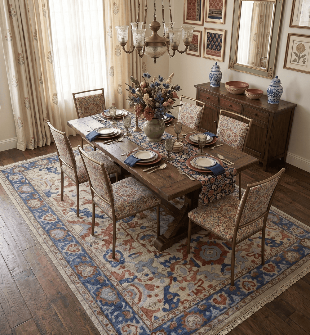 Hand Knotted Blue and Ivory Antique Vintage Style Custom Made Wool Rug - The Rug Decor