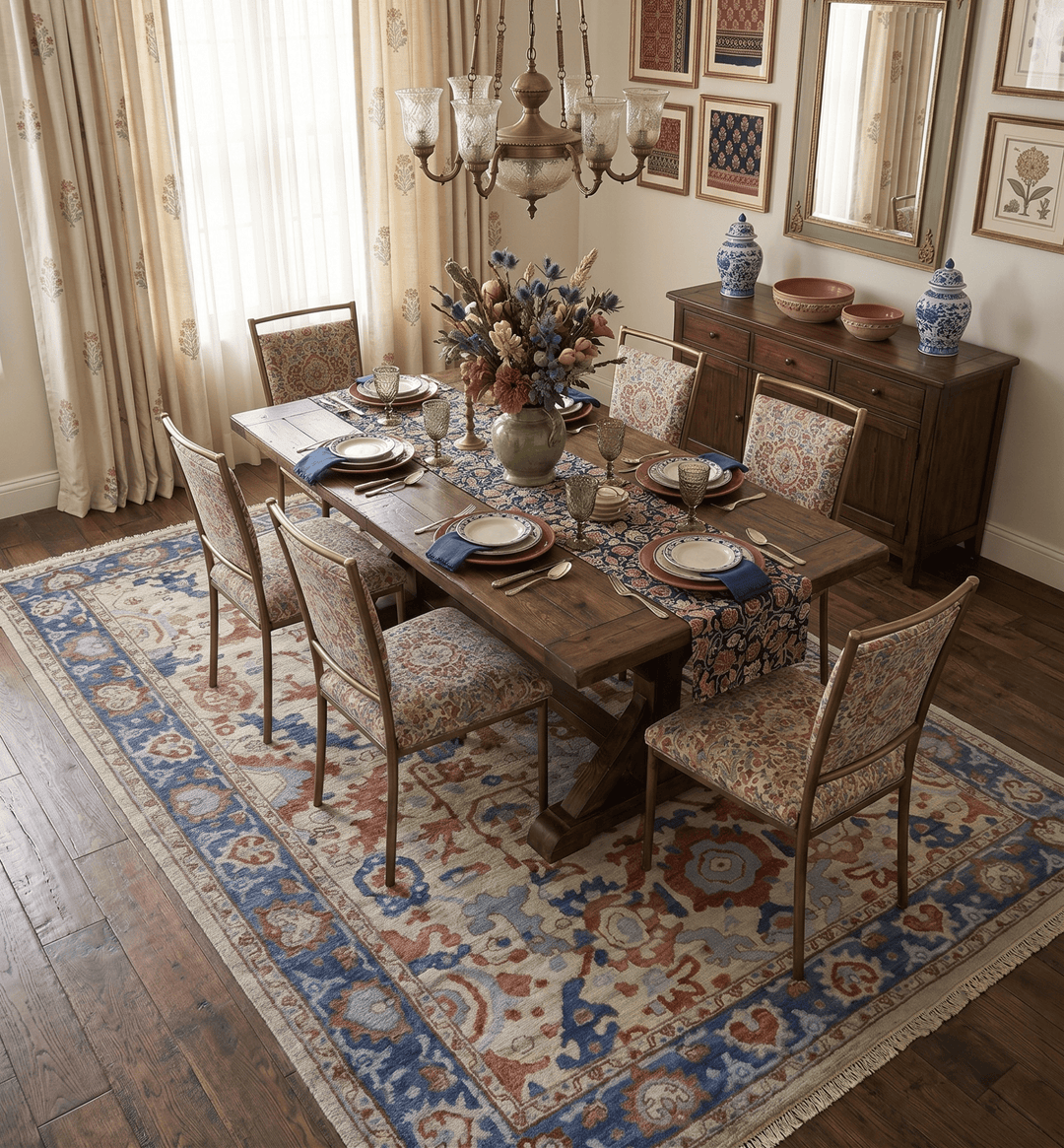 Hand Knotted Blue and Ivory Antique Vintage Style Custom Made Wool Rug - The Rug Decor