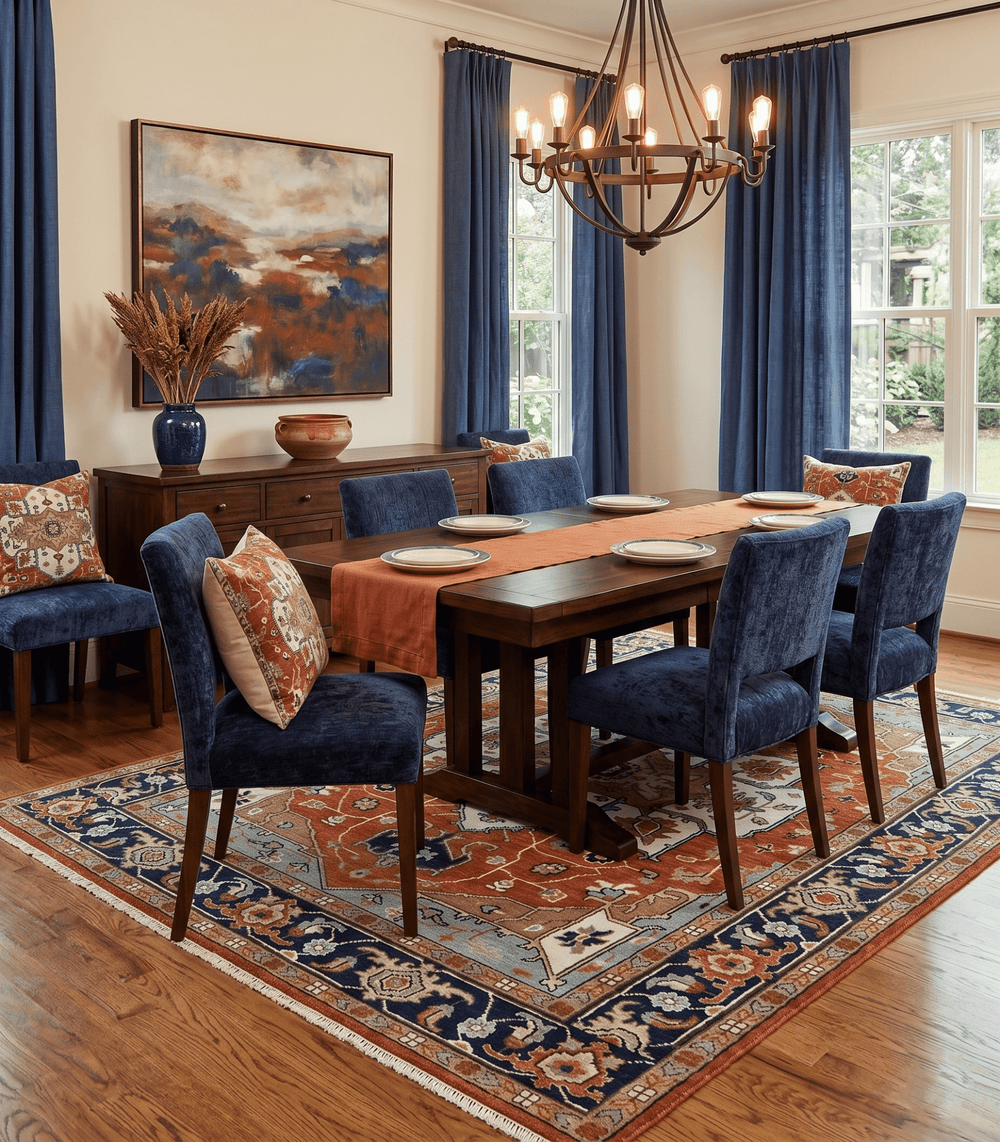 Hand Knotted Blue and Rust Traditional Heriz Multi Size Wool Area Rug - The Rug Decor