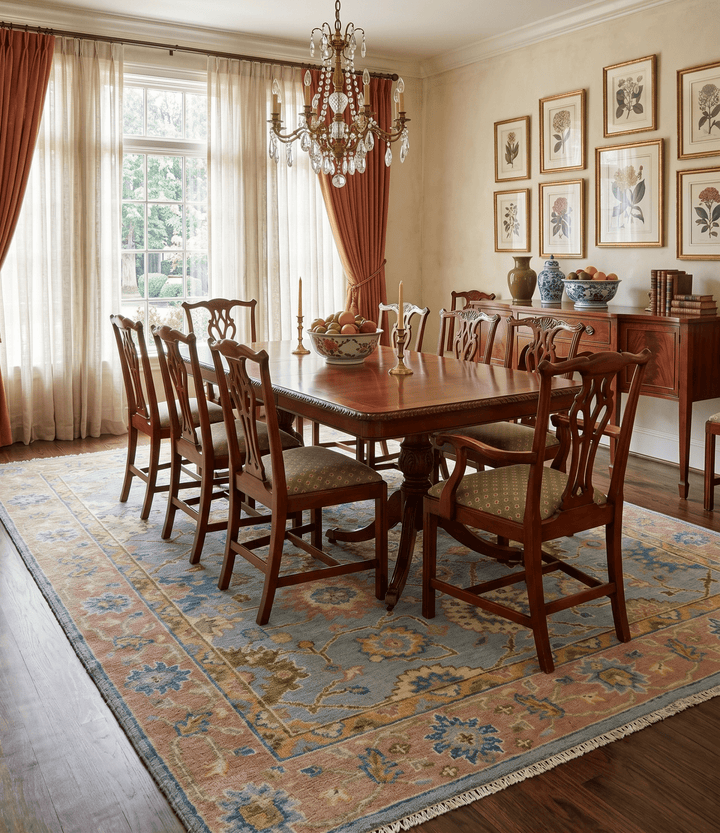 Hand Knotted Blue and Rust Traditional Oushak Area Rug - The Rug Decor