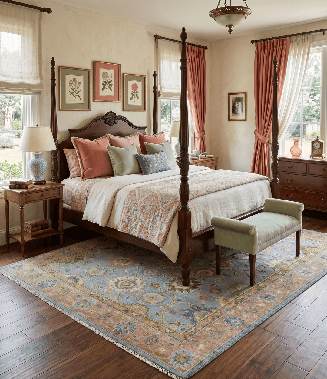 Hand Knotted Blue and Rust Traditional Oushak Area Rug - The Rug Decor
