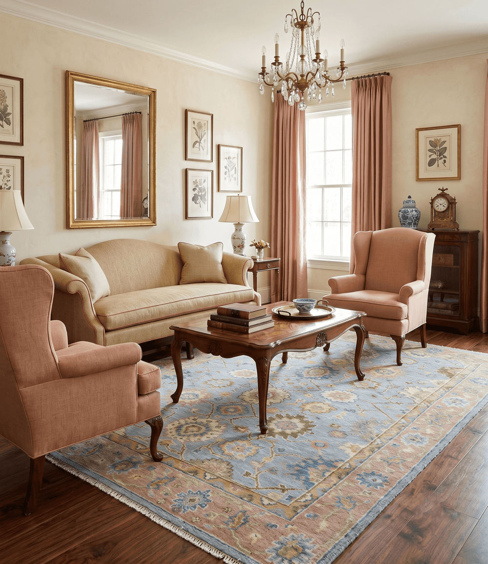 Hand Knotted Blue and Rust Traditional Oushak Area Rug - The Rug Decor