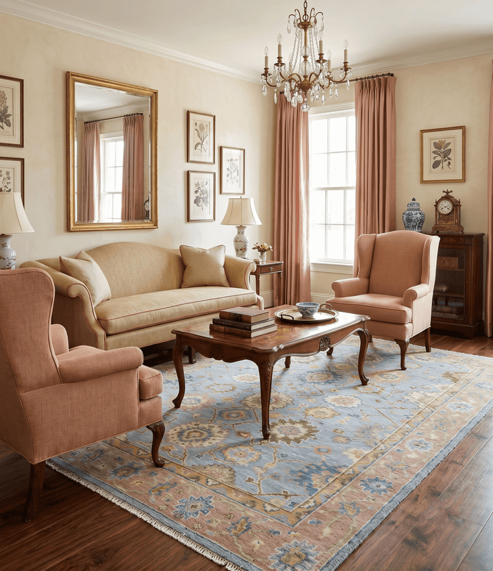 Hand Knotted Blue and Rust Traditional Oushak Area Rug - The Rug Decor