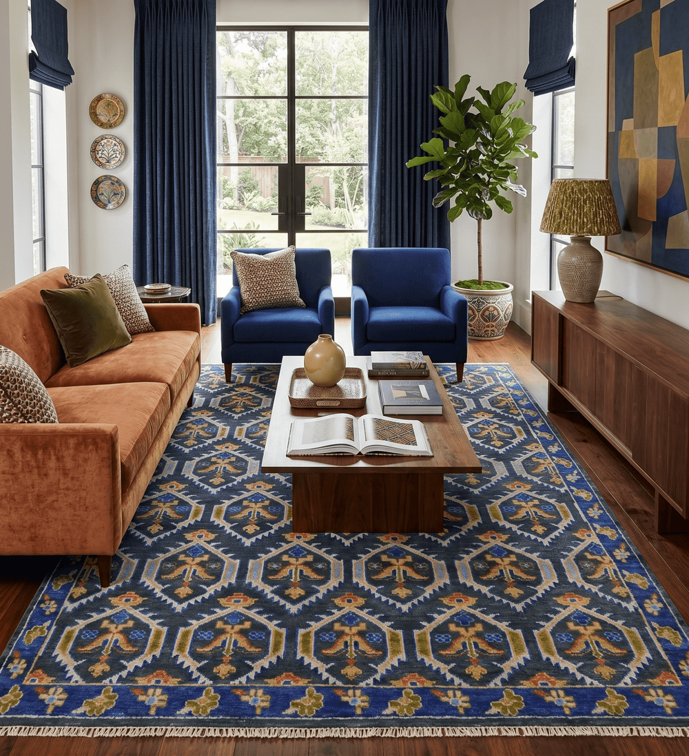 Hand Knotted Blue, Gold and Moss Green Vintage Style Custom Made wool Area Rug - The Rug Decor