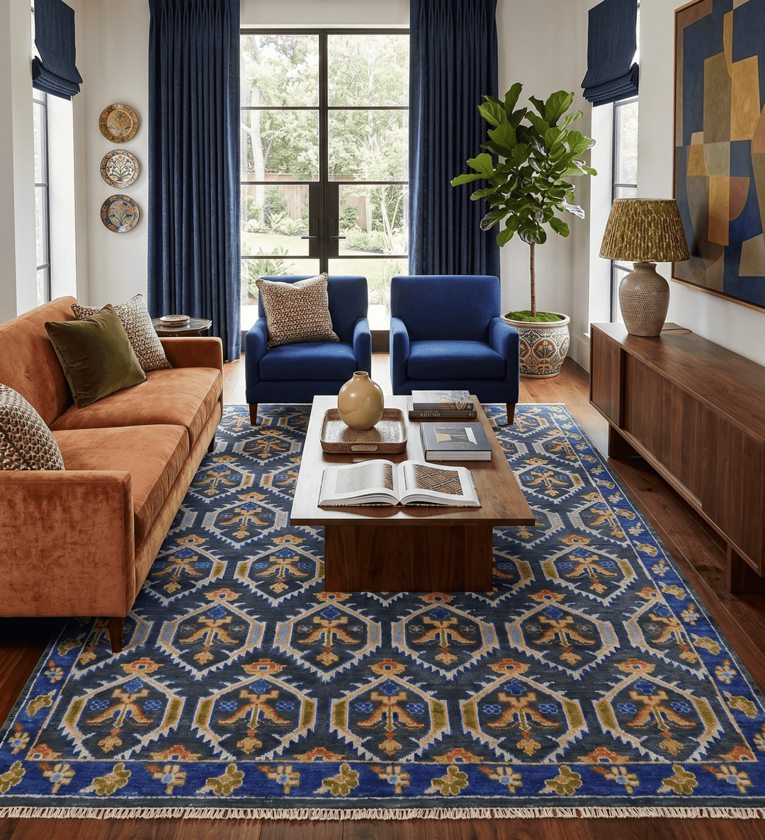 Hand Knotted Blue, Gold and Moss Green Vintage Style Custom Made wool Area Rug - The Rug Decor