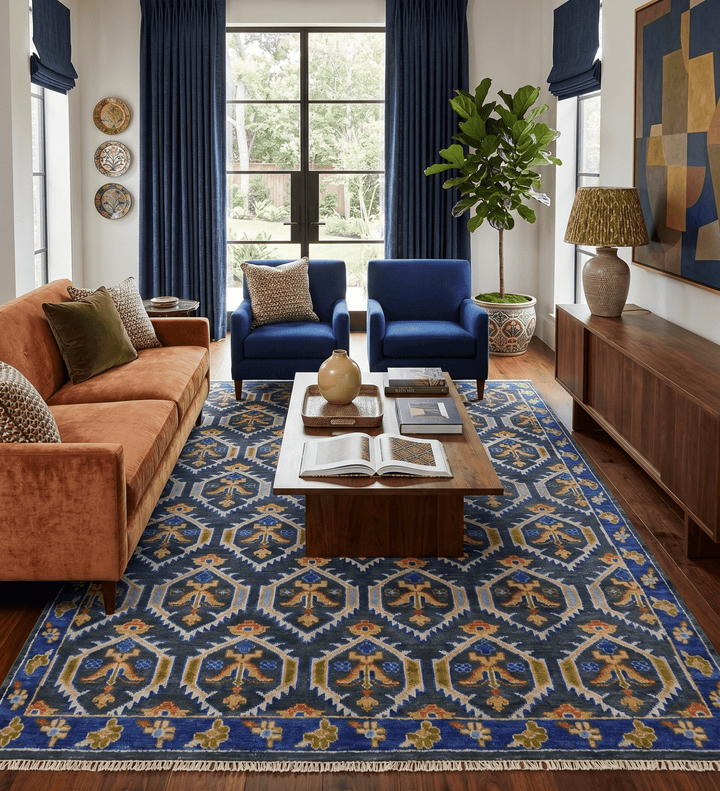 Hand Knotted Blue, Gold and Moss Green Vintage Style Custom Made wool Area Rug - The Rug Decor