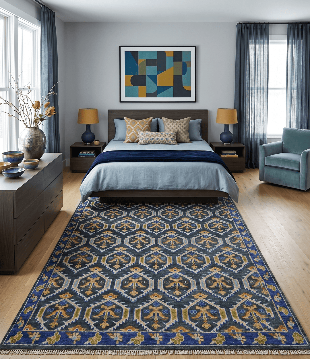 Hand Knotted Blue, Gold and Moss Green Vintage Style Custom Made wool Area Rug - The Rug Decor