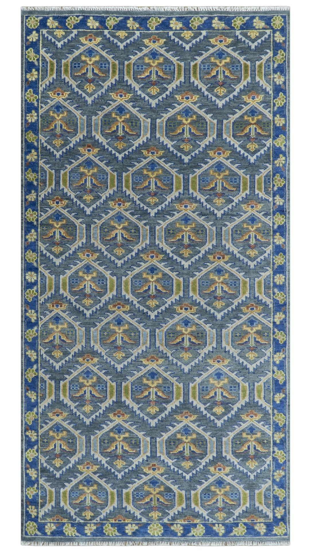 Hand Knotted Blue, Gold and Moss Green Vintage Style Custom Made wool Area Rug - The Rug Decor