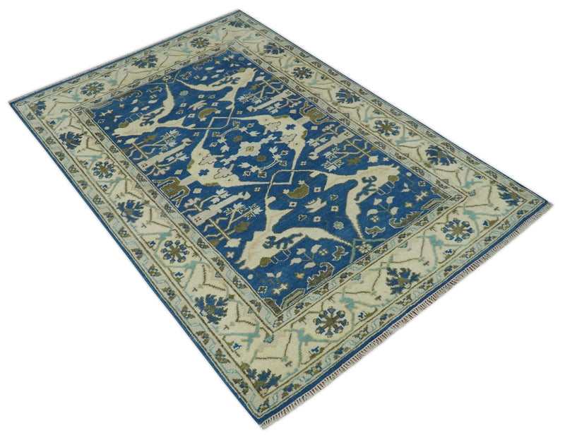 Hand Knotted Blue, Ivory and Olive 6x9 Oriental Oushak wool area rug - The Rug Decor