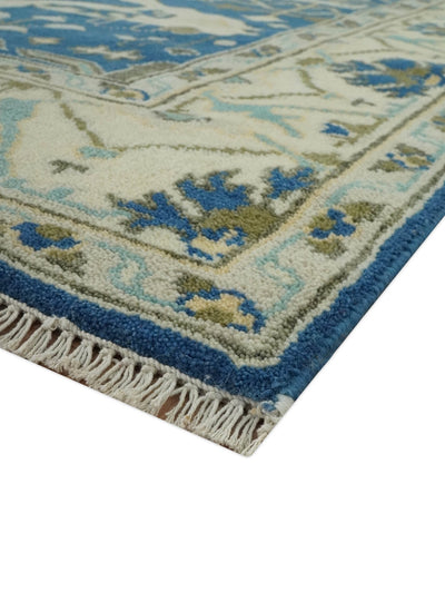 Hand Knotted Blue, Ivory and Olive 6x9 Oriental Oushak wool area rug - The Rug Decor