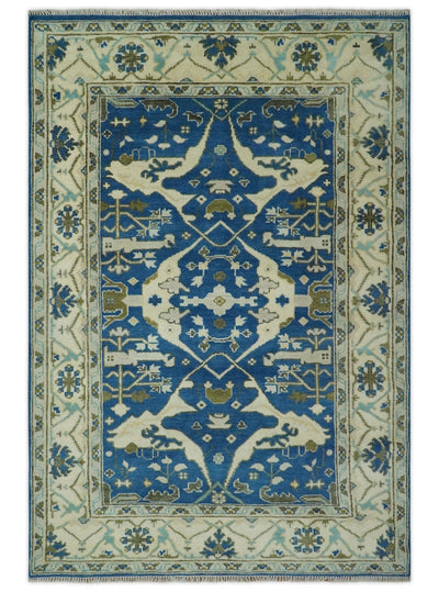 Hand Knotted Blue, Ivory and Olive 6x9 Oriental Oushak wool area rug - The Rug Decor