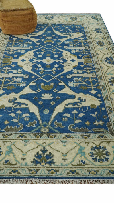 Hand Knotted Blue, Ivory and Olive 6x9 Oriental Oushak wool area rug - The Rug Decor