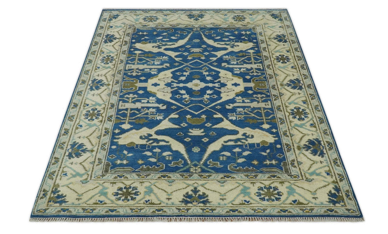 Hand Knotted Blue, Ivory and Olive 6x9 Oriental Oushak wool area rug - The Rug Decor