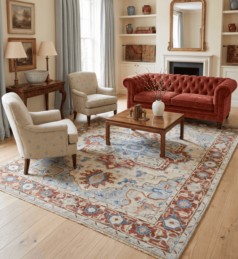 Hand Knotted Blue, Ivory and Rust Antique Persian Heriz Serapi Wool Rug - The Rug Decor