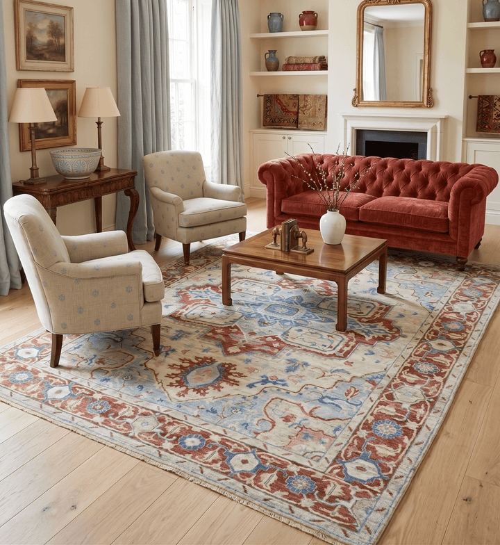 Hand Knotted Blue, Ivory and Rust Antique Persian Heriz Serapi Wool Rug - The Rug Decor