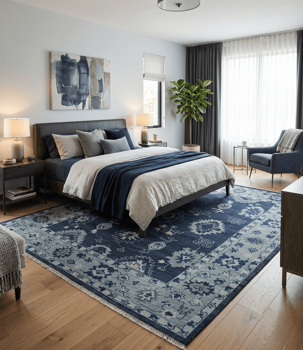 Hand Knotted Blue, Silver and Ivory Traditional Oushak Vintage Style Wool Rug - The Rug Decor
