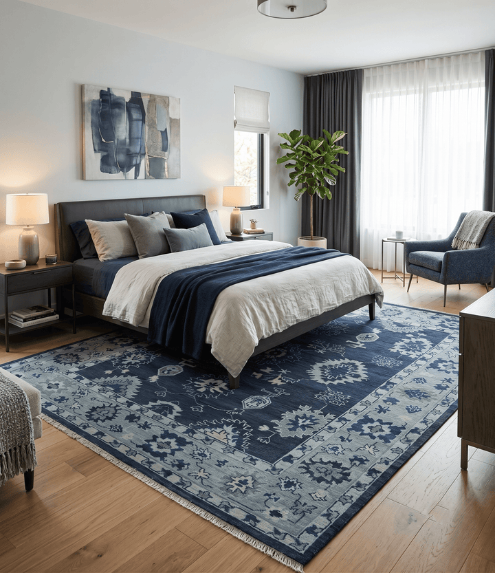 Hand Knotted Blue, Silver and Ivory Traditional Oushak Vintage Style Wool Rug - The Rug Decor